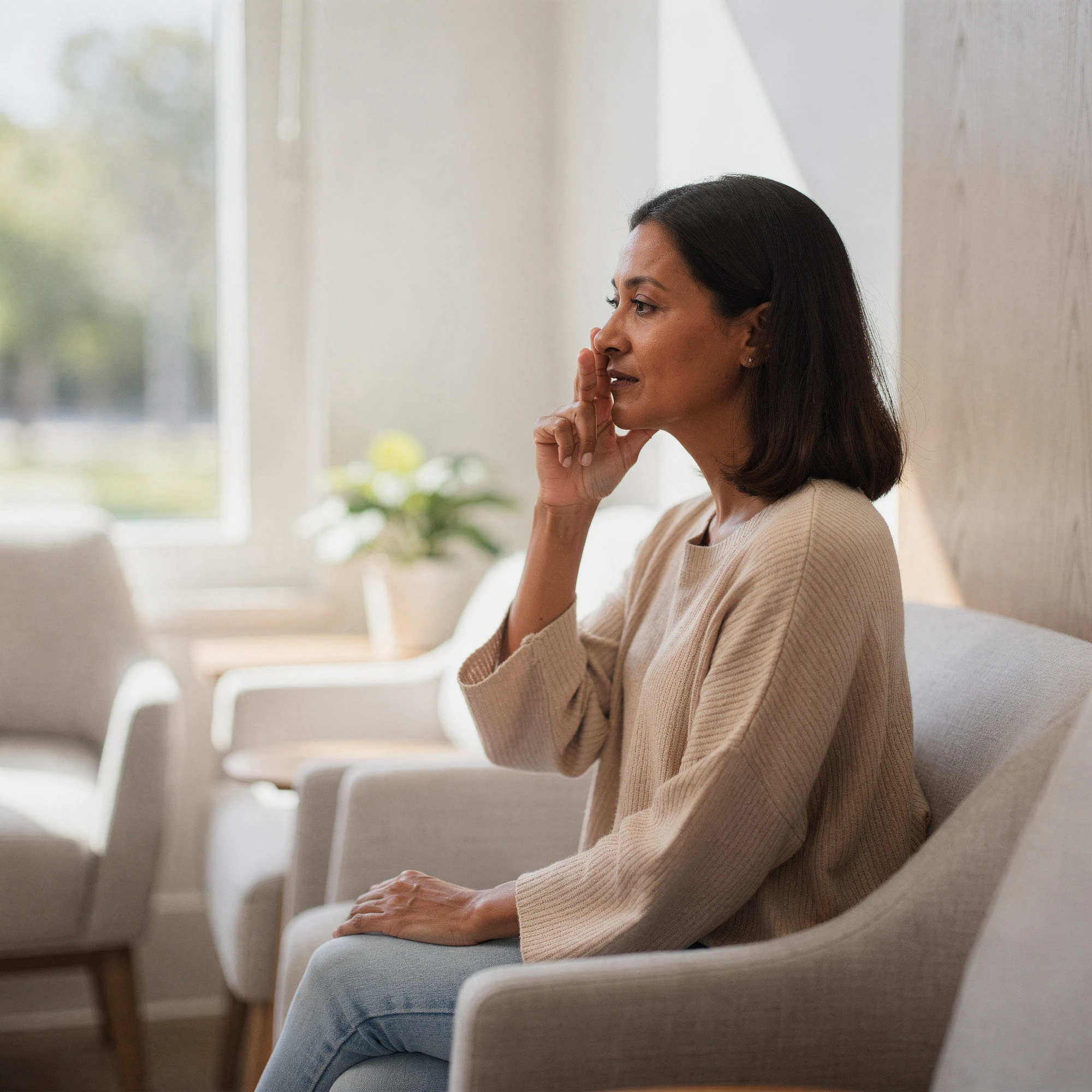 Woman sitting in a bright room touching her face, suggesting sinus or nasal discomfort